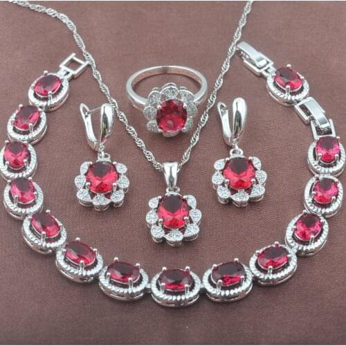 Silver Plated Womens Party Jewelry Sets Rose Red Zirconia Bracelet Necklace Pendant Earrings Ring Free Gift Box YZ0402