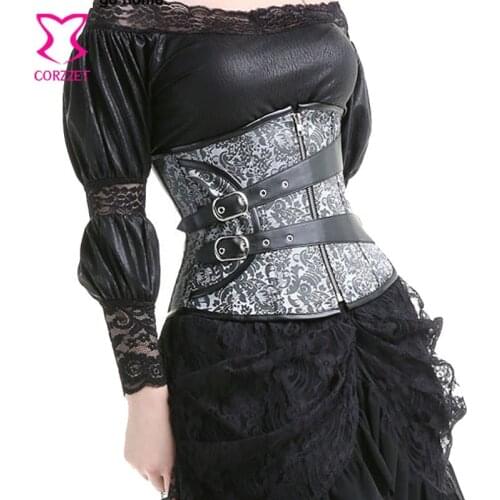 Silver Steel Boned Corset Underbust Steampunk Gothic Clothing Espartilhos E Corpetes Corsets And Bustiers Sexy Burlesque Costume