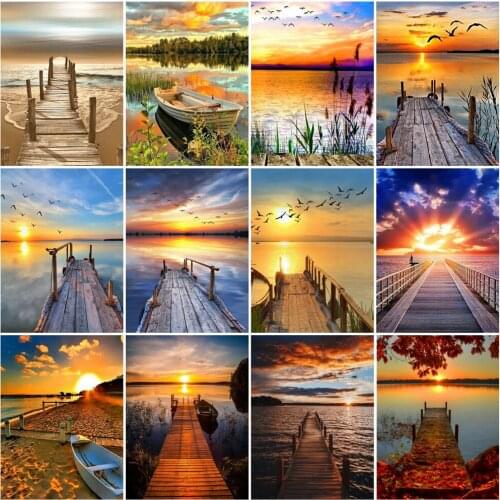 Square Diamond Painting Sunset Landscape Cross Stitch DIY Home Decoration Embroidery 5D Round Mosaic Bridge Diamond Art