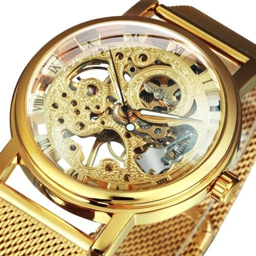 WINNER Automatic Watch Men Ultra Thin Golden Mesh Strap Top Brand Luxury Classic Carving Skeleton Mechanical Unisex Wristwatch