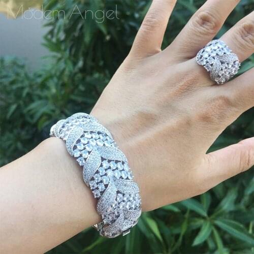 ModemAngel Fashion Zircon Wedding Jewelry Luxurious Elements Leaf Crystal Bracelets Bangles Ring Set for Brides
