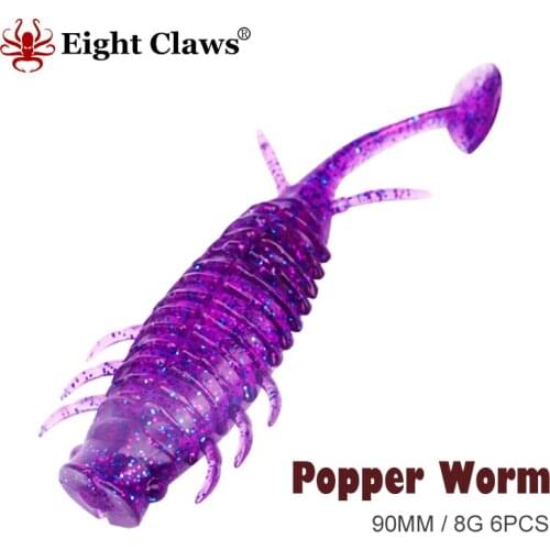 EIGHT CLAWS Popper Worm Soft Fishing Lure 90mm 8g 6pcs/lot Floating Water Hollow Body Souple Swimbait Paddle Tail Fishing Bait