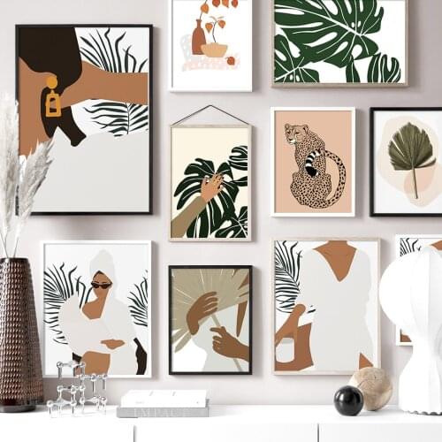 Wall Art Canvas Painting Abstract Girl Earring Monstera Leopard Nordic Posters And Prints Wall Pictures For Living Room Decor