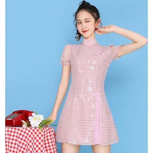 Summer New Cheongsam Modified Dress Sequins Young Girl Small Chinese Style Womens Clothing