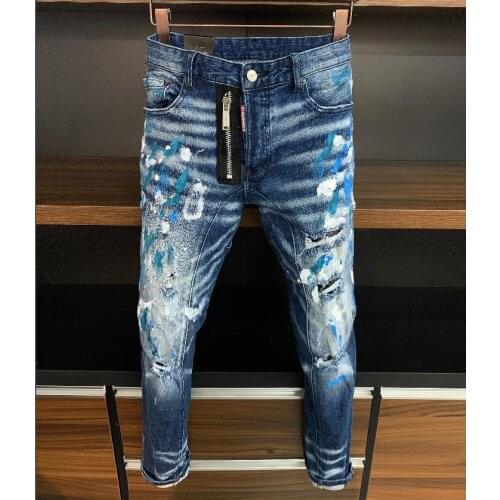 New Mens Skinny Jeans With Ripped Holes And elastic Paint Spray Blue Stitching Beggar Pants A373