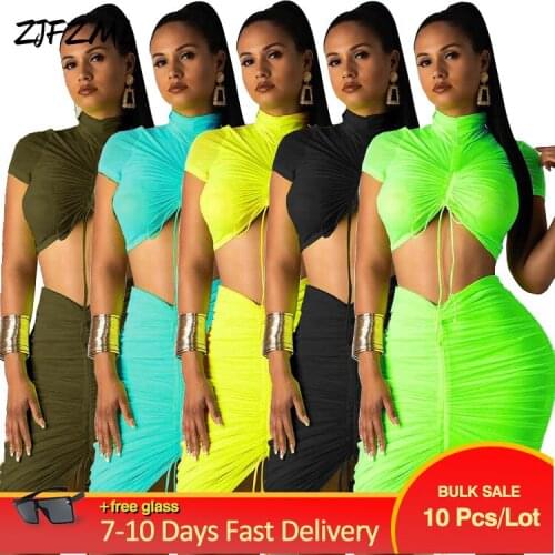 Wholesale Bulk Items Lots Womens Skirt Set Ruched Drawstring Short Sleeve Crop Top Medium Waist Irregular Dress 2 Piece Suits