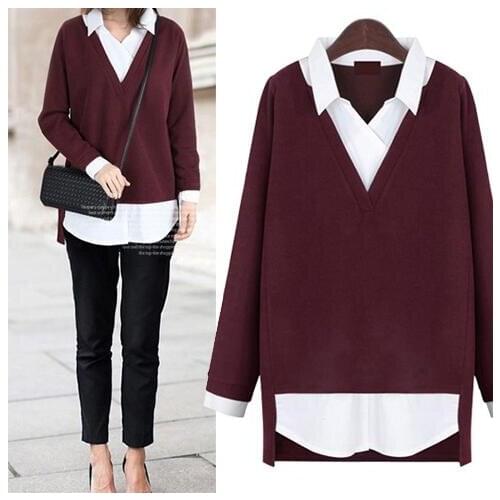 2020 autumn Women tops Fake two-piece Blouses women shirt Vintage turn-down collar shirts slim Blusas Mujer plus size 5XL DC253