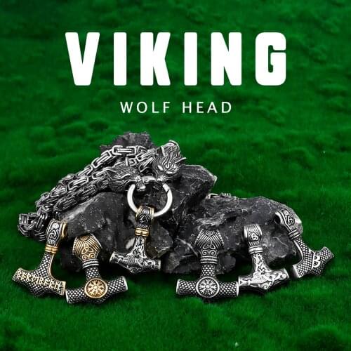 Punk Nordic Viking Never Fade Men Stainless Steel Necklaces Celtic Wolf Rune Accessories Pendant King Chain Norse Amulet Jewelry