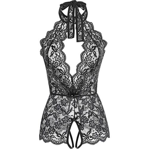 Sexy Hollow Lingerie Set Plus Size Women Lace Deep V Erotic Sexy Bra Set Perspective One Piece Lingerie Halter Open Bra Bodysuit