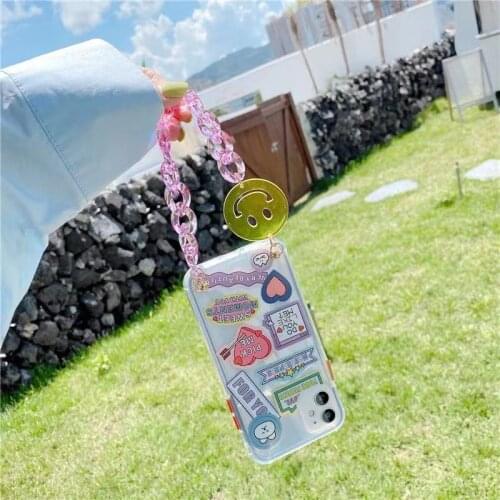 Shockproof Wrist Chain Clear Phone Case for iPhone 12 Pro Max 7 8 Plus XR X Cute Flower Crystal chain Hanging Case for iPhone 11