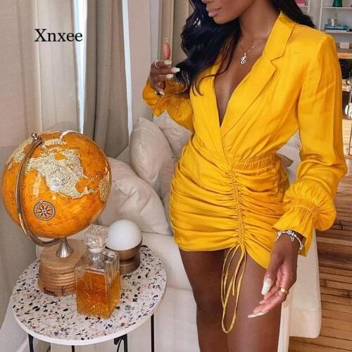 Sexy Women Mini Pencil Dress Bag Hip Pleated Long Sleeve Drawstring Bodycon Club Party Bandage Yellow Black Clothes Vestido