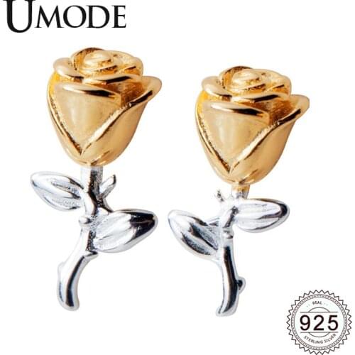 UMODE New Fashion 925 Sterling Silver Rose Flower Stud Earring for Women New Cute White Gold Jewelry Oorbellen Gift ALE0571