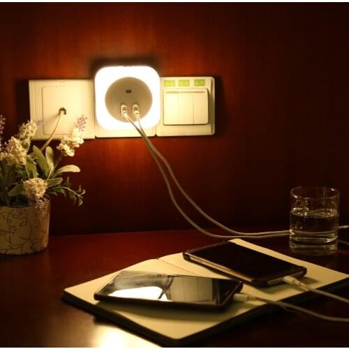 LED Night Light With Dual USB Port Phone Charger Wall EU/US Plug Light Sensor Control Socket Day And Night Sensor Wall Light
