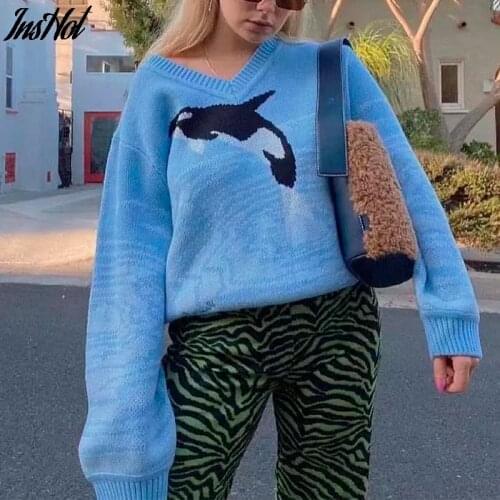 Dolphin Print Sweater Women Oversized Chic Tops Fashion Winter Knitted Sweater V-Neck Y2K Pullover Loose Jumper