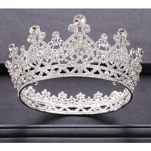 Vintage Silver color Crystal Round Big Crown Bridal tiara Headpiece Wedding Queen Crown Hair Jewelry Wedding Hair Accessories
