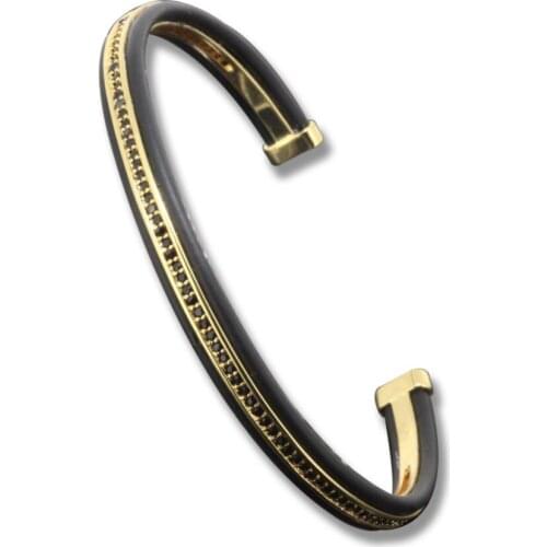 Anil Arjanda Water-repellent Bangle, Micro Pave Black CZ & Plated Gold Open Cuff Bangle Bracelets Adjustable Size for Men
