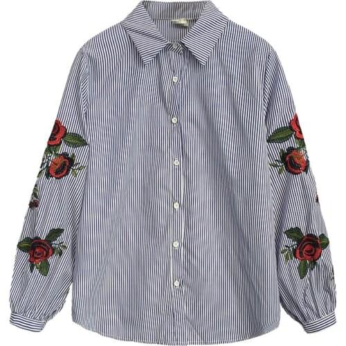 Plus size white shirt loose rose flowers embroidered cotton casual shirt turn down collar long sleeve women tops