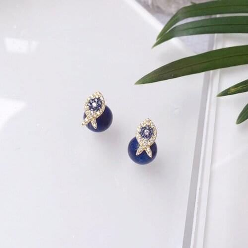 SLJELY Luxury 925 Sterling Silver Yellow Gold Color Lucky Eye Fish Lapis Stud Earrings Pave Cubic Zirconia Women Fashion Jewelry