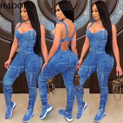 HAOOHU Pattern Print Skinny Rompers Womens Jumpsuit Casual Spaghetti Strap Fitness Bodysuit Summer Female Backless Overalls