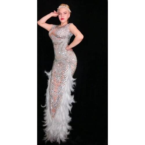 Women Singer Dancer DS Dress Bar Birthday Celebrate Outfit Prom Show Long Dress Silver Full Rhinestones Feather Dress