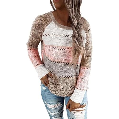 Women Autumn Winter Long Sleeve Color Block Knitted Sweater Hollow Out Pullovers Casual Sweaters Pullovers