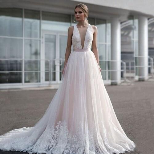 Sexy Deep V-neck Backless Tulle Applique Lace A-line Wedding Dresses Sweep Train vestido de noiva Bride Dress 2020