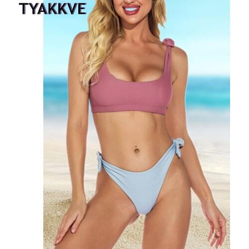 2021 Sexy Brazilian Bikini Swimwear Women Halter Push Up Bikini Set Swimsuit Female Solid Tie Knot Biquini 2 Pieces Bathing Suit
