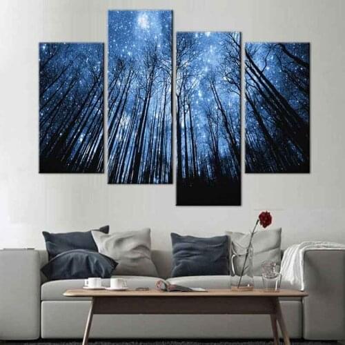 4 Pcs/Set Bule Forest With Starry Sky Canvas Print Painting Special Landscape Artwork paintings for living Room Wall Decor