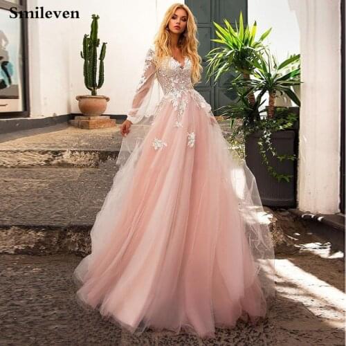 Smileven Bohemian Lace Wedding Dress Puff Sleeve A Line V Neck Appliqued Lace Bridal Dresses Princess Vestido De Noiva