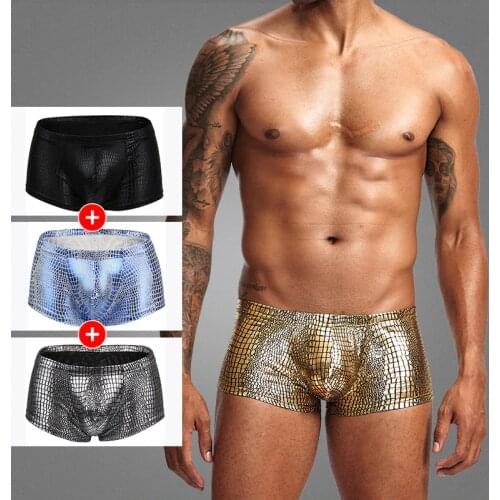 Mens Snake Skin Leather Sexy Underwear Boxers Brand Open Front Crotchless Boxer Shorts Men U Convex Low Waist Male Underpants