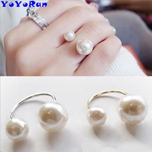 1 Piece big small double pearl ball finger rings for woman gold silver metal opening bead ball clip ring jewelry wholesale