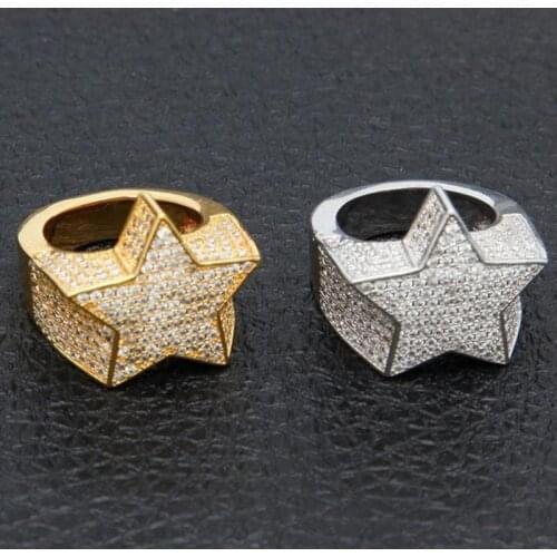 Milangirl New Hip Hop Rock Five Star Rings Men Luxury Gold Silver Color Rhinestones Zircon Pentagram Rings Women Wedding Party
