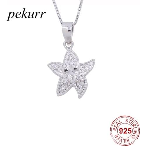 Pekurr 925 Sterling Silver Zircon Star Starfish Pendant Necklace For Women Cubic Choker Pentagram Fashion Jewelry Accessories