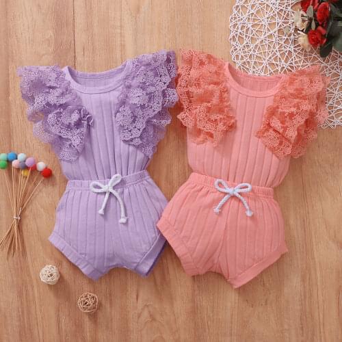 Summer Two Piece Baby Girl’s Clothes Fresh Lace Stitching Fly Sleeve Romper and Solid Color Triangle Shorts