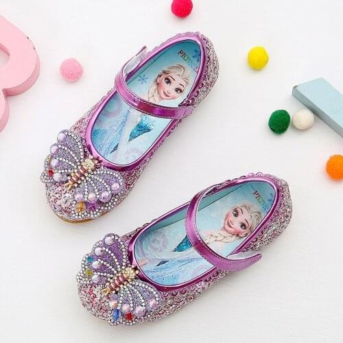 Frozen Anna Elsa Princess Kid Leather Shoes for Girls Casual Glitter Children Girl dance Shoes Butterfly Bowknot Sandals 24-36