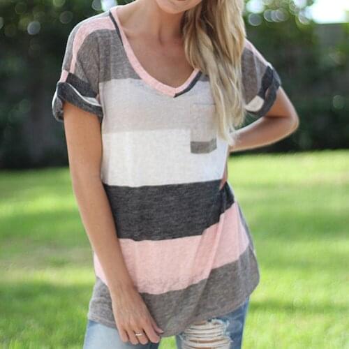 Febelle 5XL Big Size Fashion Summer Womens V-neck Casual Short Sleeve Big Stripe T-shirt Elegant Tees Tops Clothing #280315