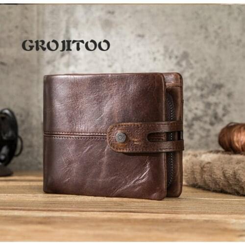 GROJITOO RFID anti-theft brush genuine leather mens wallet cowhide trendy Mens bag multi-function card holder wallet