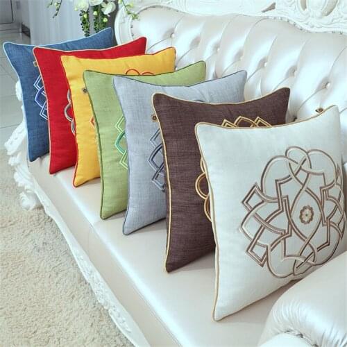 Soft Cushion Cover Embroidery Flower Red Yellow Pillowcase Linen Chinese Style Pure Color Waist Pillow Cover Home Sofa Decor