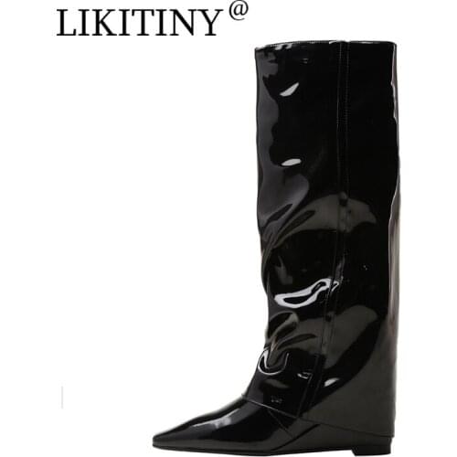 NEW LIKITINY 2021 Autumn Fashion Wedge Slip on Womens shoes leisure Genuine leather Square Head Knee high boots Wide boots 42