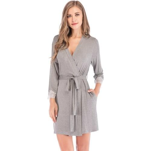 New Healthy Ladies Lingerie Pyjamas Women Lace Cuff Robe Sleepwear Sexy Kimono Solid Modal Splicing Nightdress Nightgown