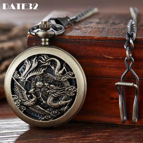 Roman Numerals Dial Mechanical Pocket Watch Antique Bronze Fob Chain Dragon Pattern Engraved Case Clock for Men Dropshipping