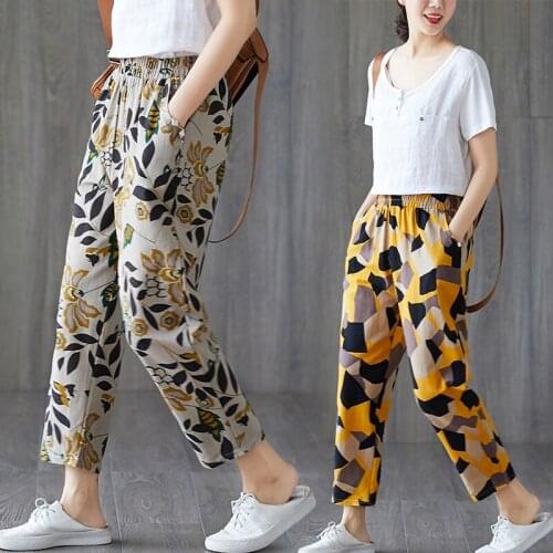 Shimai Summer Women Cotton Linen Large Plus Size Loose Long Pants Korean Casual Pant Print Harem Baggy Pants Thin Ankle Trousers