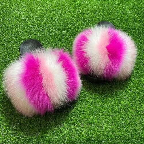 Fur Slides For Women Indoor Flat Slip On Fuzzy Shoes Sweet Girl Cute Fluffy Fox Fur Slippers Summer Beach Furry Flip Flops Drop