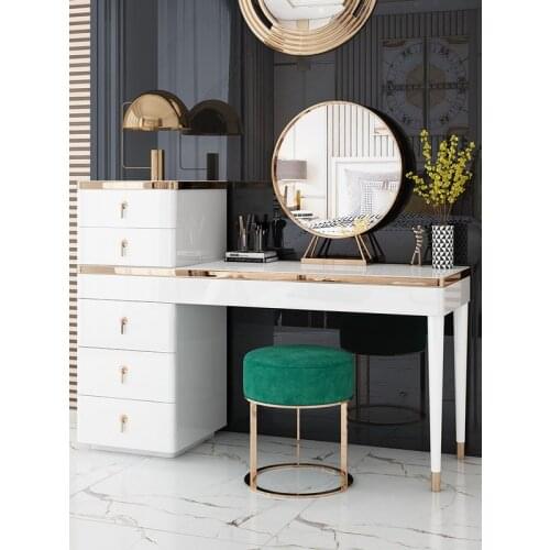 Dresser Makeup Mirror Dressing Stool Combination Light Luxury Furniture for Bedroom White Gold-Plated Makeup Table