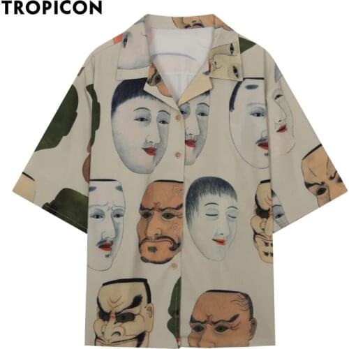 TROPICON Japanese Streetwear Ukiyoe Print Summer Blouse Women Collared Button Up Shirt Short Sleeve Top And Blouse Clothing