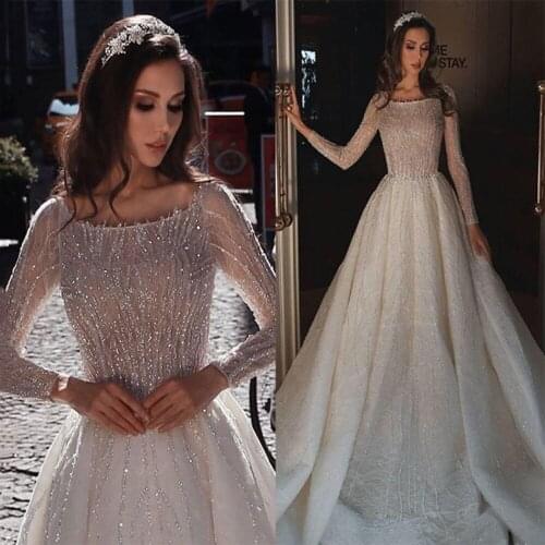 2021 Vestido De Noiva New Longe A Line Wedding Dresses Boat Neck Beads Crystal Beads Dresses Mariage Bride Dresses