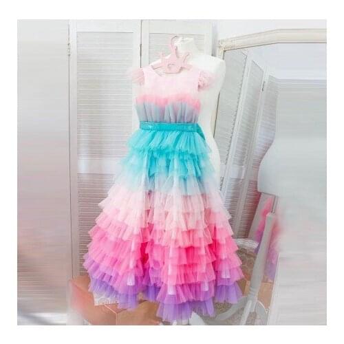 Girls Rainbow Tulle Dresses Tiered Ruffles Ball Gown Birthday Party Photo Shoot Gowns For Kids Sleeveless Satin