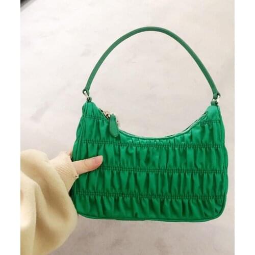 MJ Women Hobo Bags Fashion Handbags Nylon Pleated Baguette Bag Casual Shoulder Bag Half-Moon Totes Top-Handle Bag Zip Purses