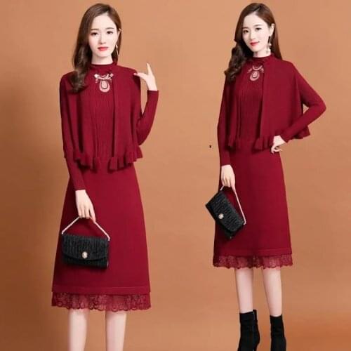 Vintage Knitted Two Piece Suit Women Outfit 2021 Fall Elegant Ruffle Shawl And Spliced Lace Hollow Out Sweater Dress Set Female