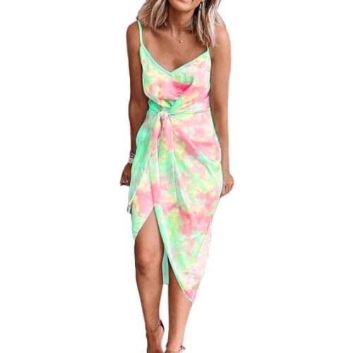 Women Sleeveless Tie-Dye Midi Long Dress Backless Asymmetric Tie-Knot Sundress